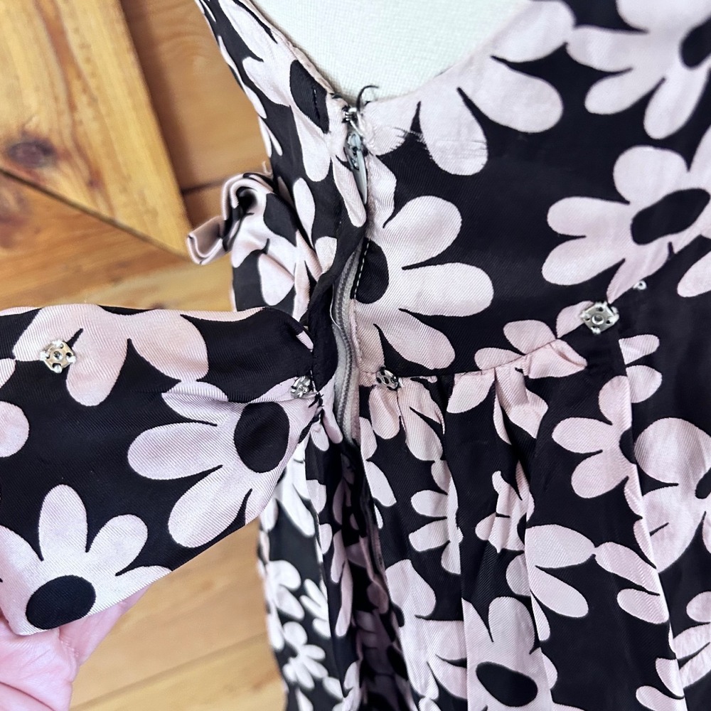 Vintage Satin Floral Shift Dress Womens Small Black White 60s Mod Wiggle Algo - Picture 6 of 11